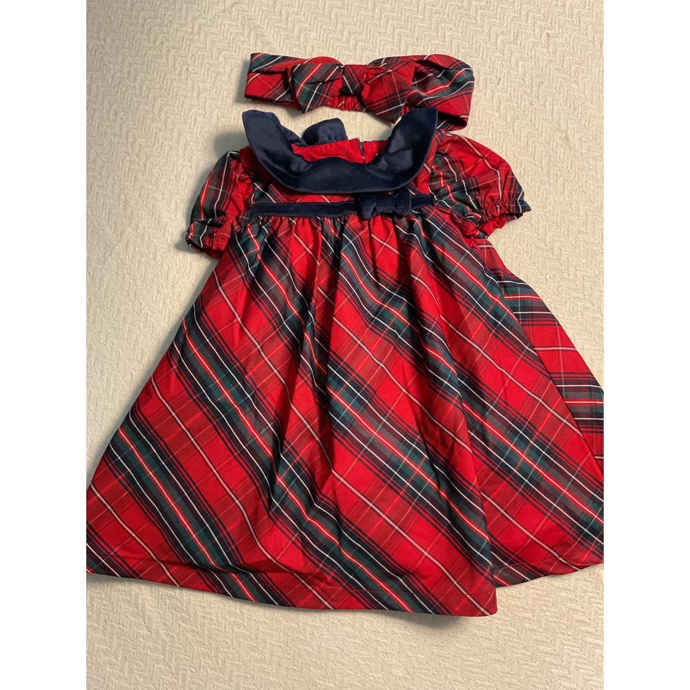 Max Studio Kids Girls Red Plaid Dress with Navy Trim and  Headband Size 6-9M